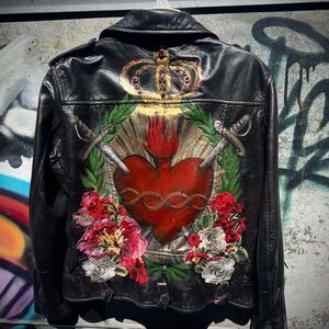 Iconic Sacred Heart Painted Leather Jacket L